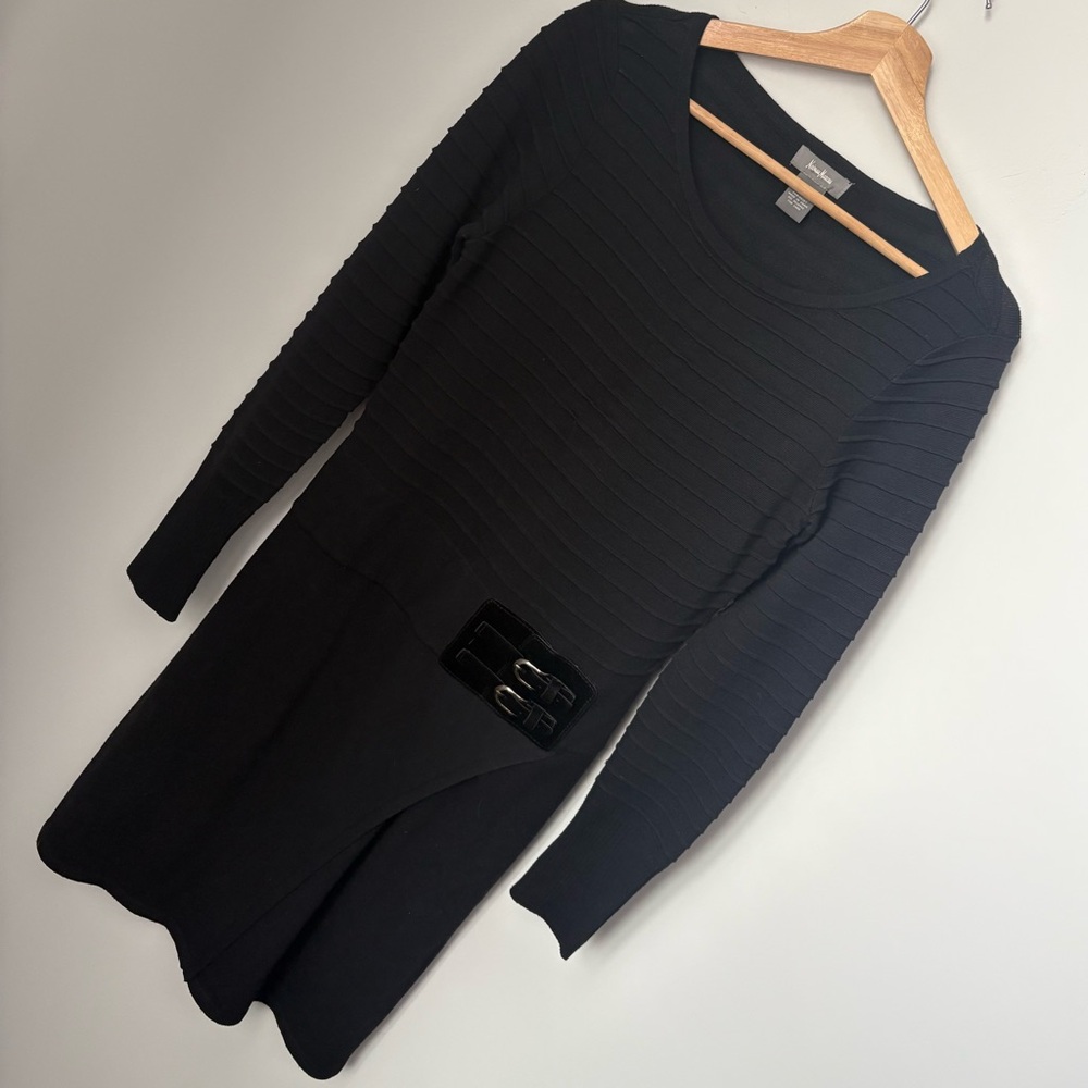 Neiman Marcus Women Black Ribbed Sweater Dress Wrap Buckle Detail Size Small (S)